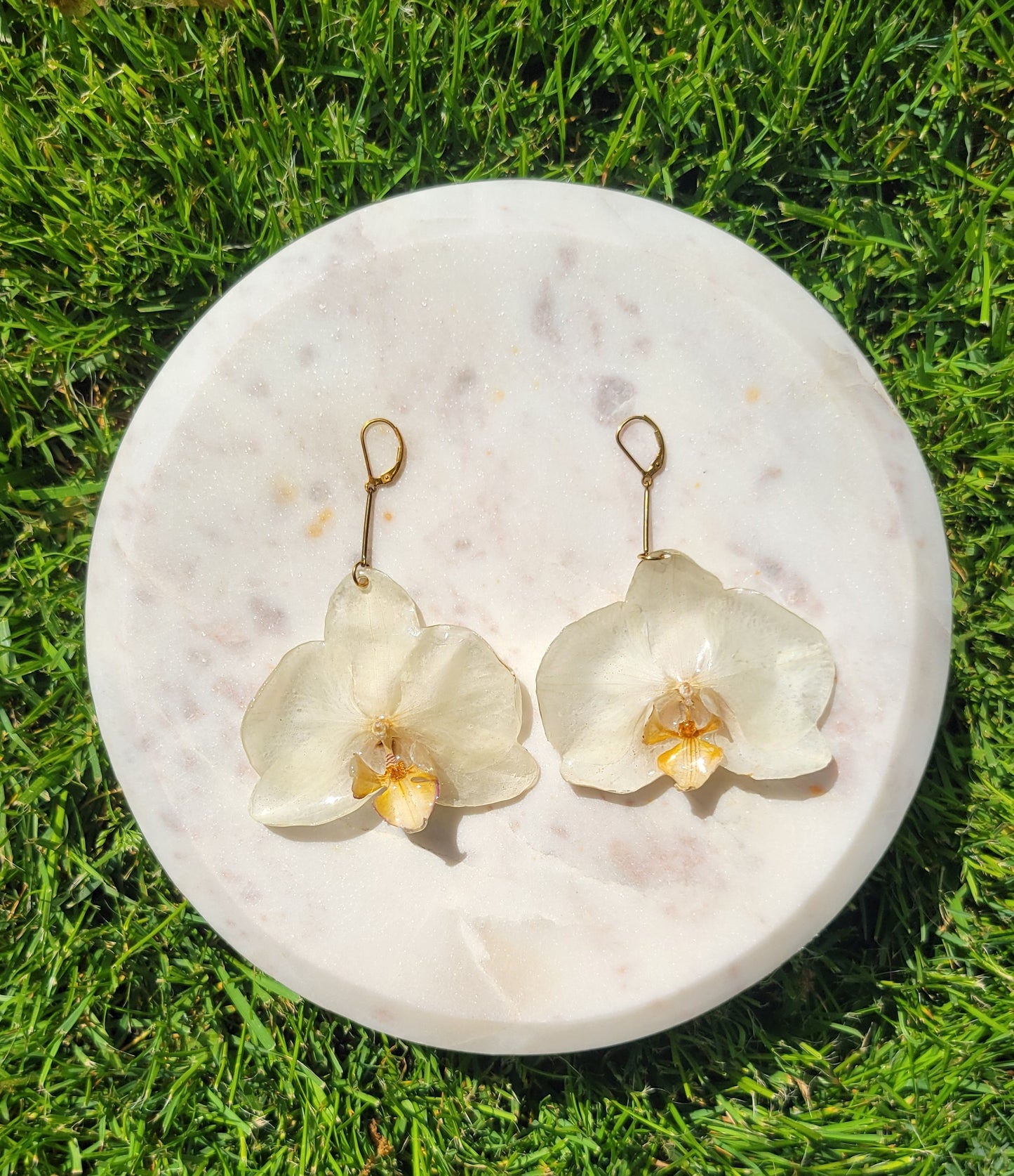 Large White Orchid Gold Earring